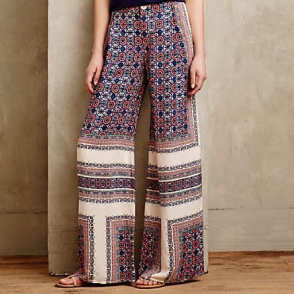 Anthropologie Printed Wide-Leg Medallion Palazzo Pants in Navy and Cream